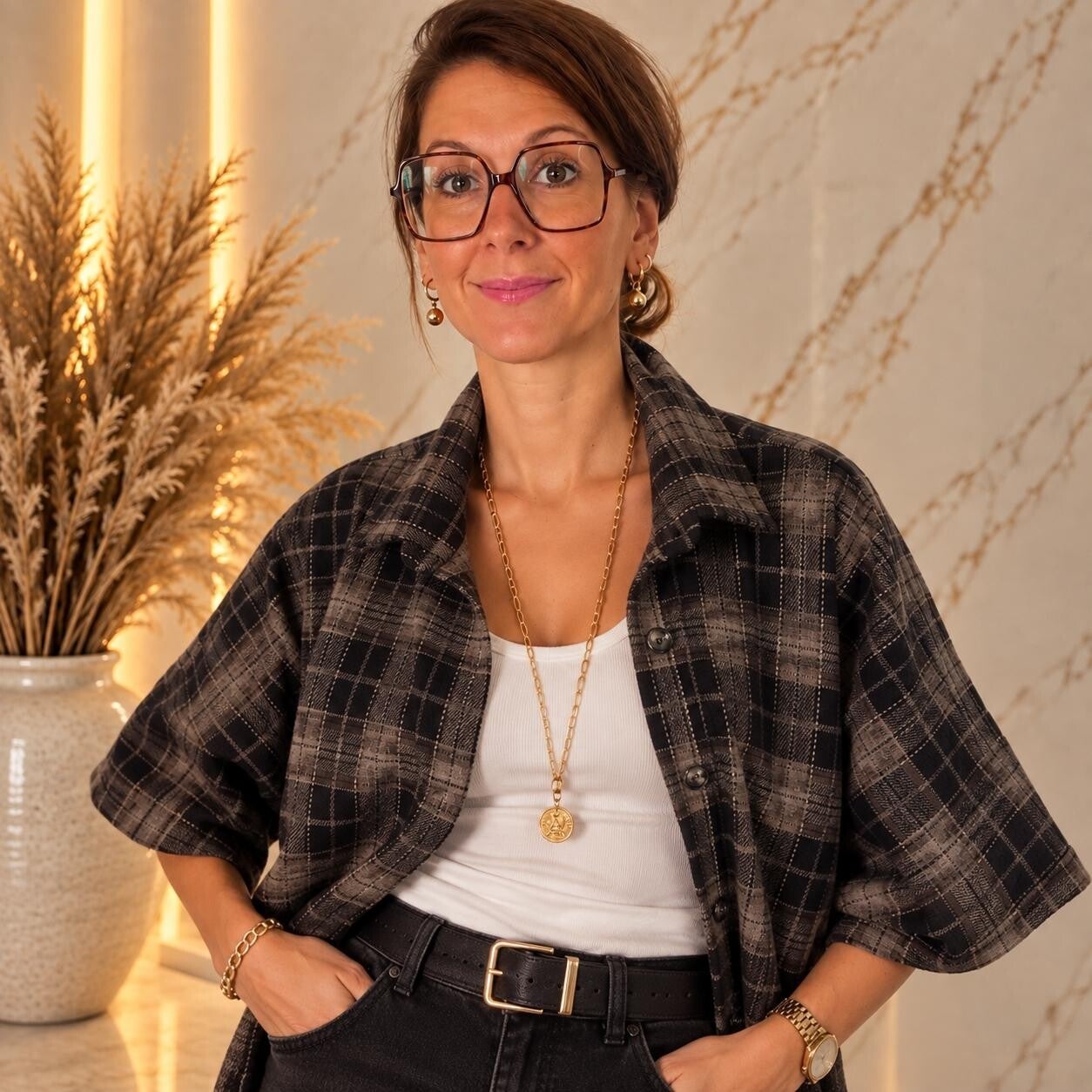 Geruite oversized blouse - bruin & beige