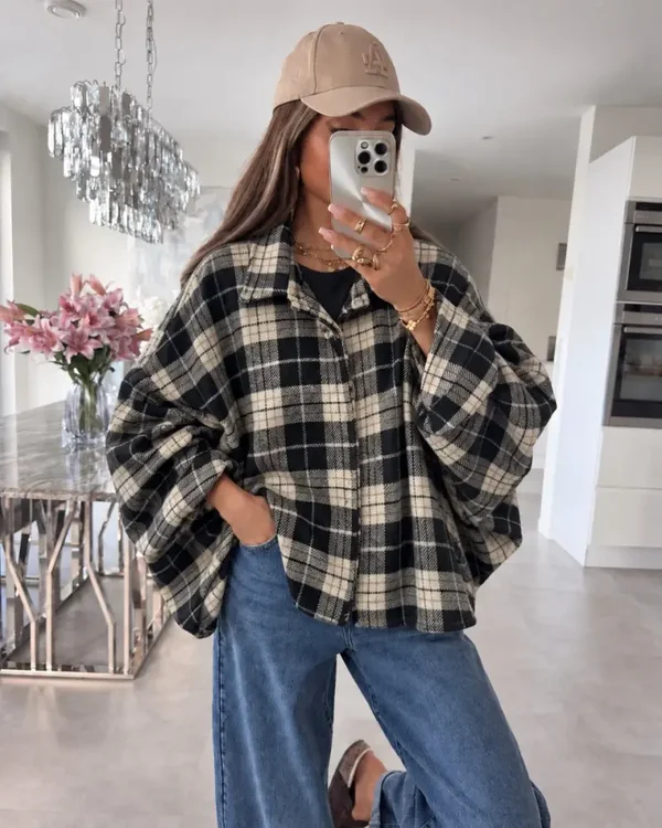 Geruit hemd met cropped sleeve - Zwart & ecru