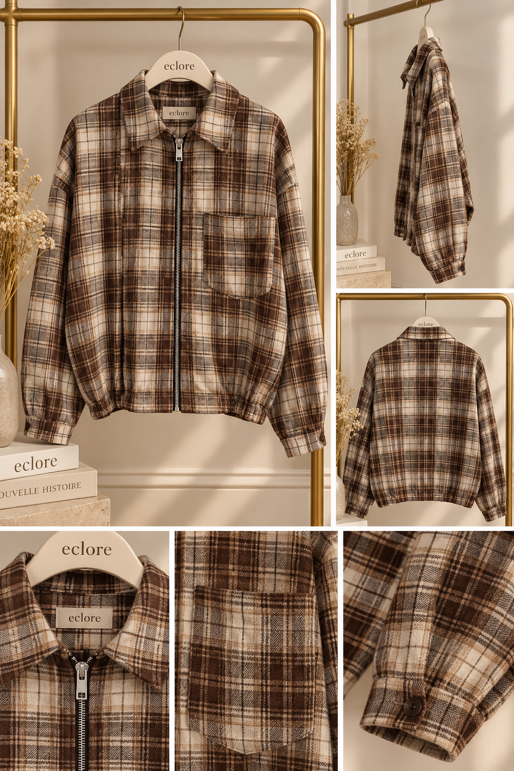 Geruite blouse met rits - Bruin/beige