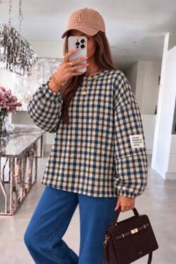 Oversized blouse in ruitpatroon - Blauw, bruin & beige