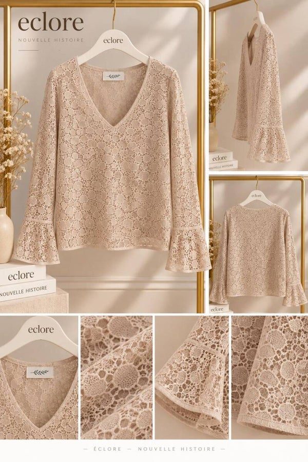 Kanten top v- hals - Beige