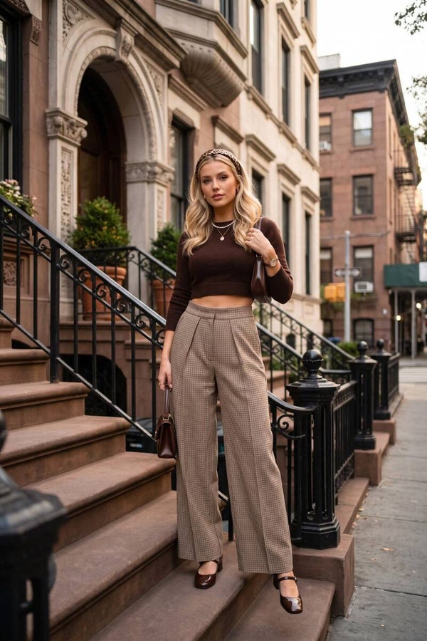 Geruite pantalon broek - Beige