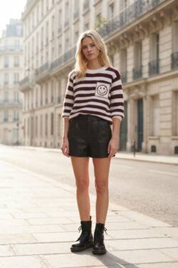 Gestreept trui met smiley - Bordeaux & Ecru
