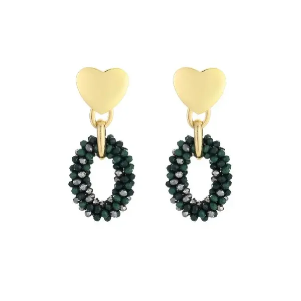 Oorbellen hartje & crystal beads - Donker petrolgroen