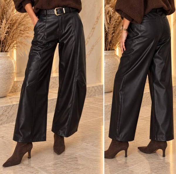 Balloon fit leren broek - Zwart