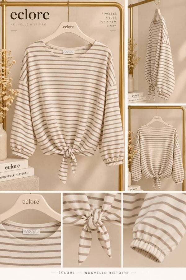 Gestreept t-shirt met knoopdetail - Ecru & Beige
