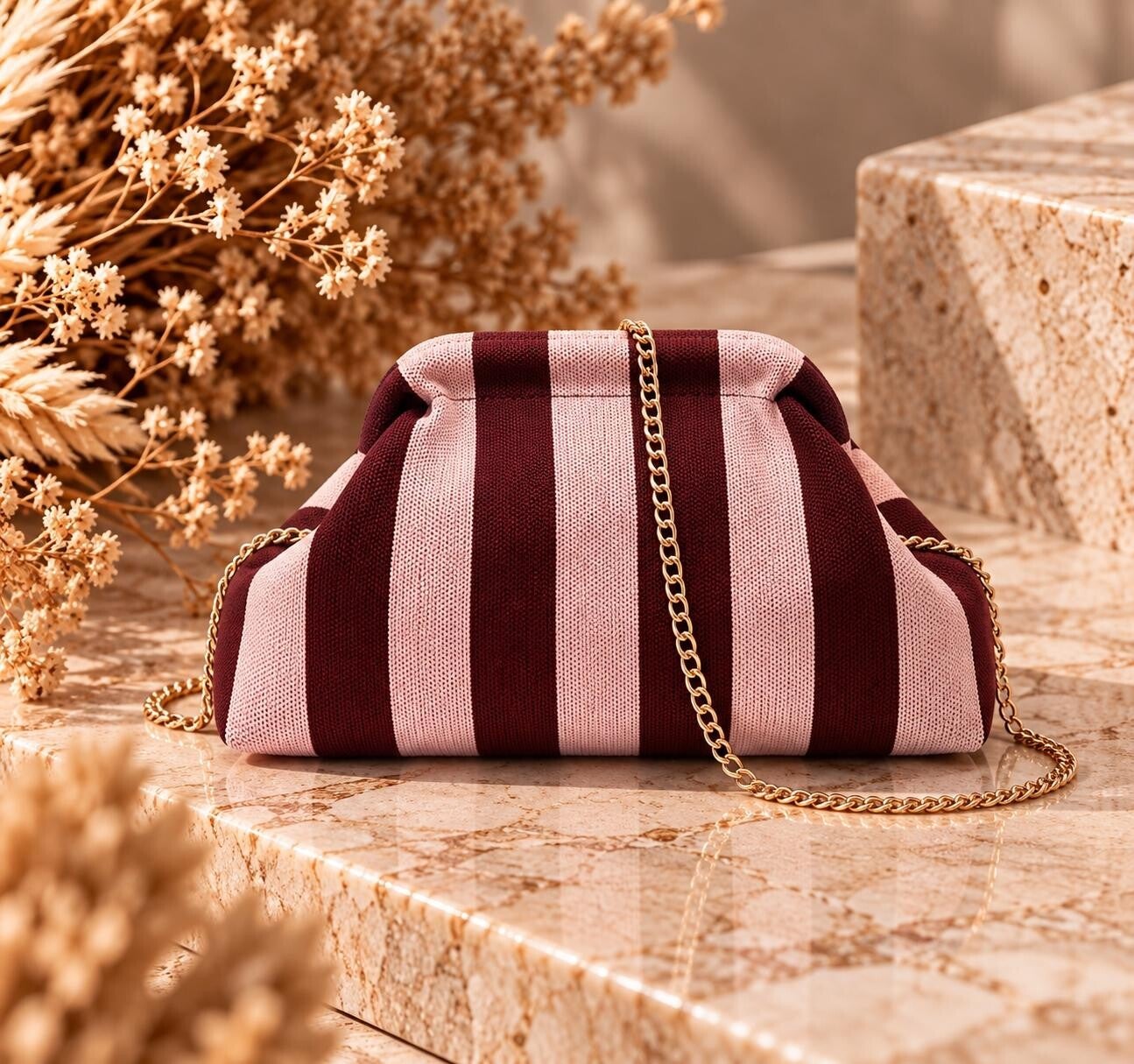 Crossbody bag in strepen motief - Bordeaux & Roze