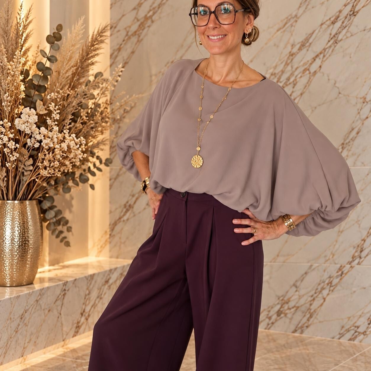 Fijne top met vleermuismouw - Taupe