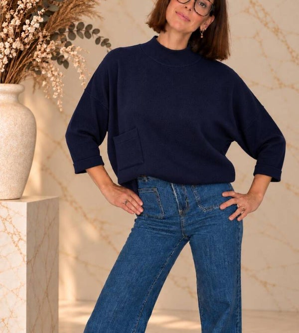 Fijn gebreide pull met wijde mouw - Navy