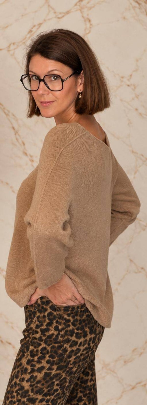 Gebreide knit ronde hals - Camel