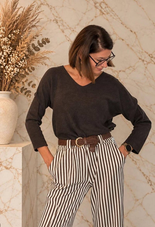 Gebreide knit V-hals - Bruin