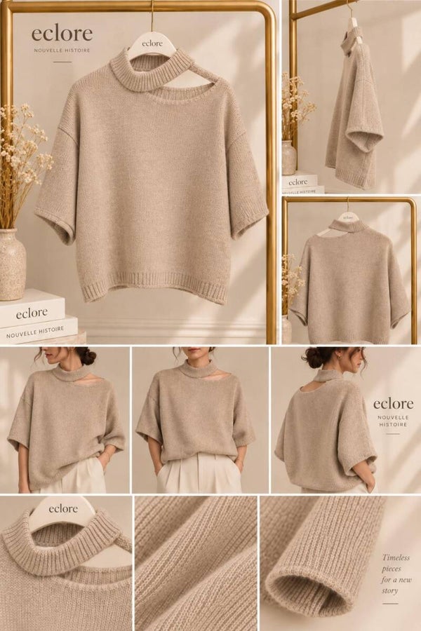 Gebreide knit met uitgesneden hals - Beige
