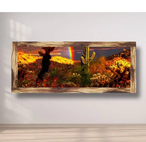 🏜🌵Tableau décoratif sur toile – Paysage désertique avec arc-en-ciel