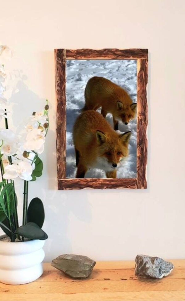 🦊 Tableau décoratif sur toile – Renards en hiver avec cadre en bois