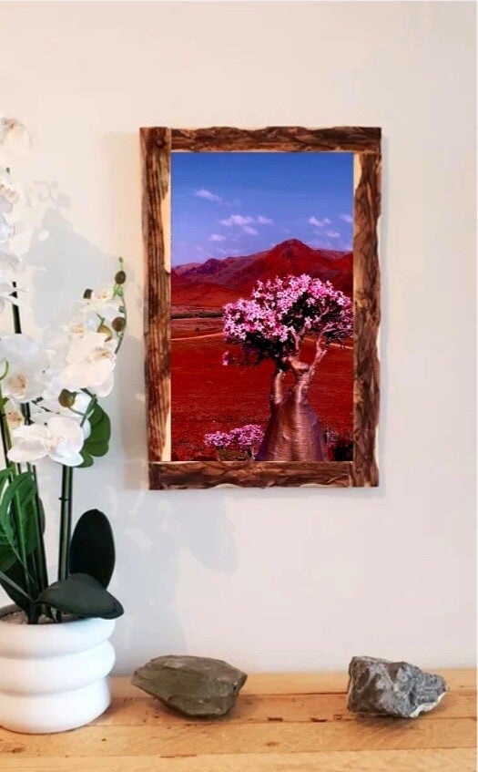 🌸 Tableau décoratif sur toile – Arbre fleuri en paysage désertique avec cadre en bois