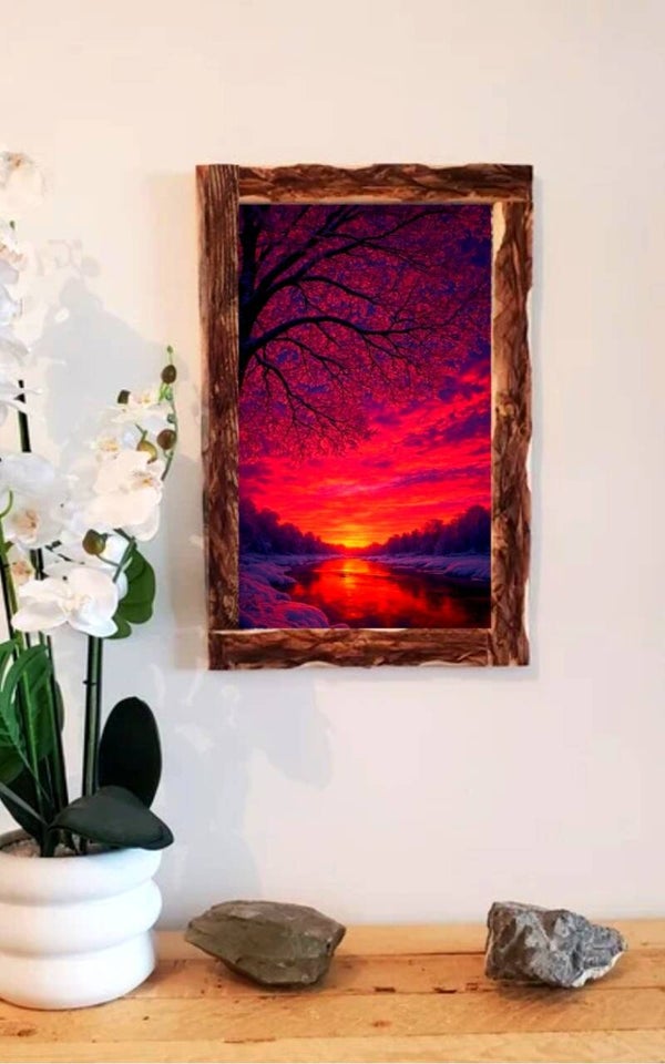 🌅 Tableau décoratif – Coucher de soleil flamboyant sur toile tendue (cadre bois)