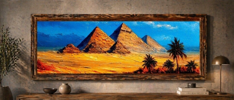 🖼️ Tableau panoramique lumineux – Pyramides & désert avec cadre en bois