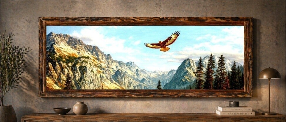 🖼️ Tableau panoramique – Montagnes majestueuses & aigle en vol (cadre bois)