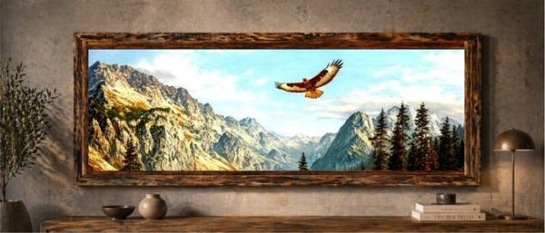 🖼️ Tableau panoramique – Montagnes majestueuses & aigle en vol (cadre bois)
