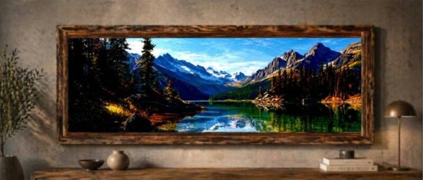 ⛰️Tableau panoramique paysage alpin avec cadre en bois