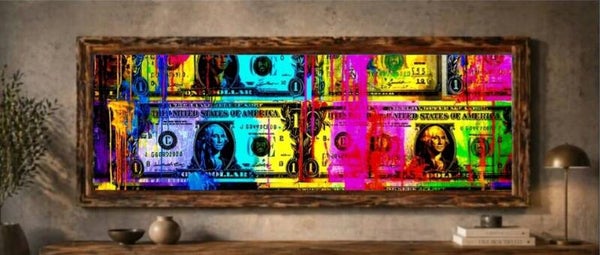 💸Tableau pop art billets colorés avec cadre en bois