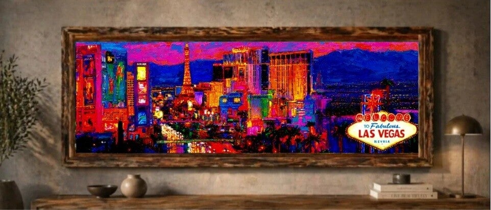 🗽Tableau panoramique Las Vegas néon avec cadre en bois