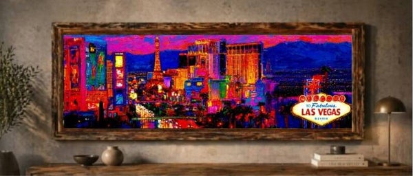 🗽Tableau panoramique Las Vegas néon avec cadre en bois
