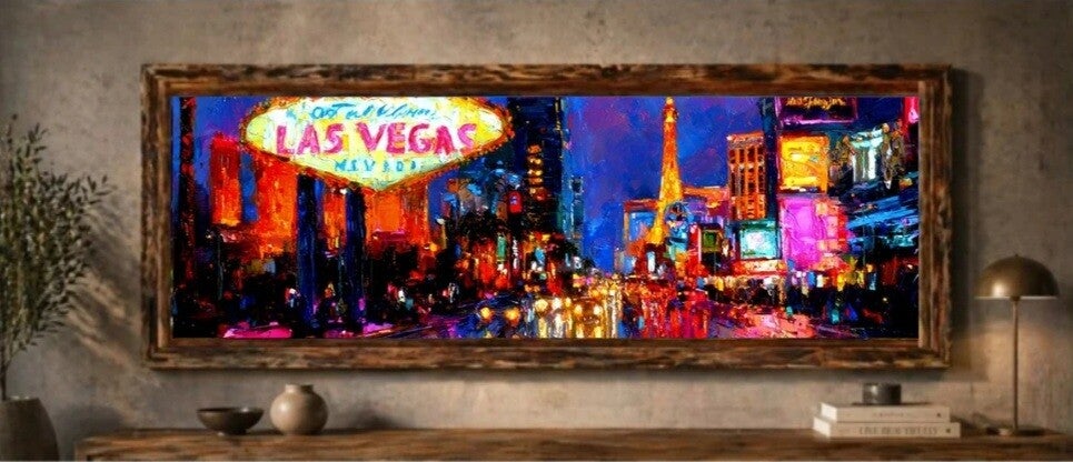 🗽Tableau panoramique “Welcome to Las Vegas” style peinture avec cadre en bois