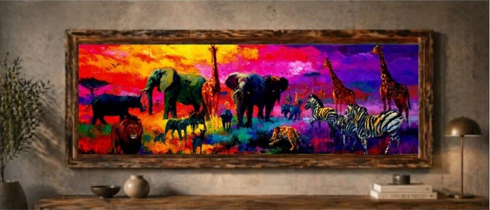 🦒Tableau panoramique animaux de la savane multicolore avec cadre en bois