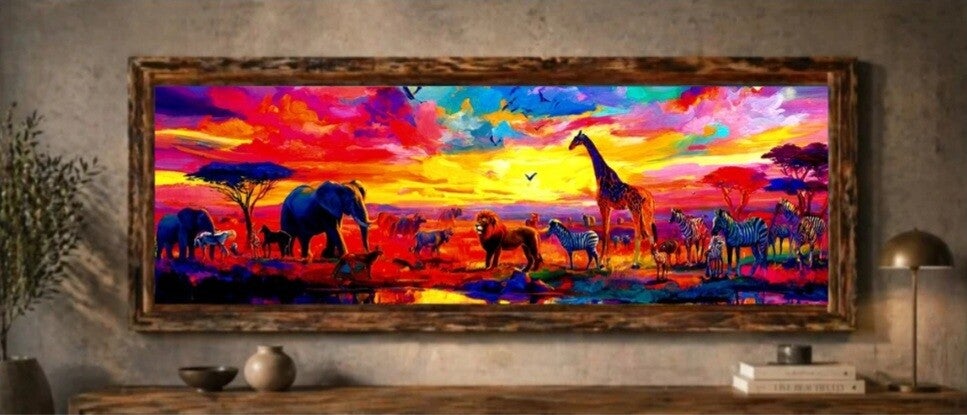 🐘Tableau panoramique savane coucher de soleil multicolore avec cadre en bois