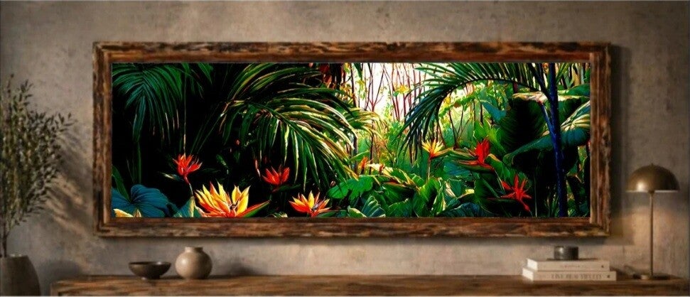 🌺Tableau panoramique feuillage tropical & fleurs exotiques avec cadre en bois