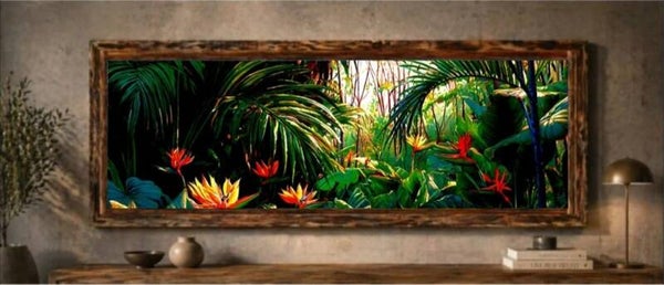 🌺Tableau panoramique feuillage tropical & fleurs exotiques avec cadre en bois