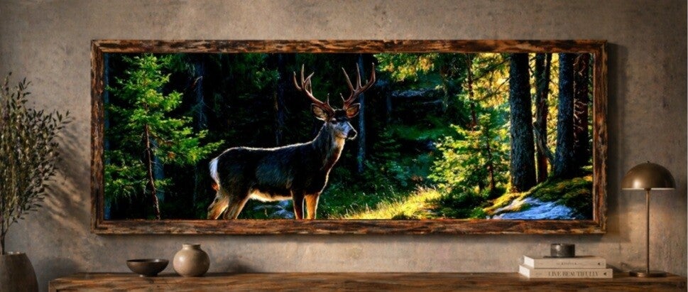 🦌Tableau panoramique cerf en forêt avec cadre en bois