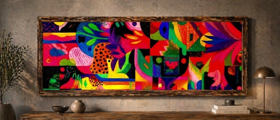 🖼Tableau panoramique abstrait multicolore avec cadre en bois