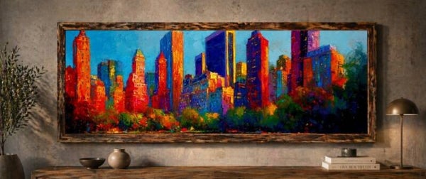 🌆Tableau panoramique skyline urbaine colorée avec cadre en bois