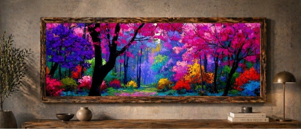 🌺Tableau panoramique forêt florale multicolore avec cadre en bois
