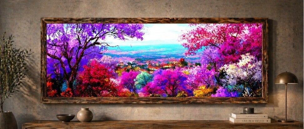 🌺Tableau panoramique paysage fleuri multicolore avec cadre en bois