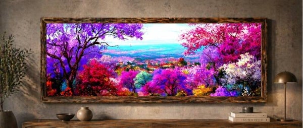 🌺Tableau panoramique paysage fleuri multicolore avec cadre en bois