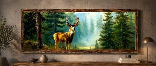 🦌Tableau panoramique cerf majestueux en forêt avec cadre en bois