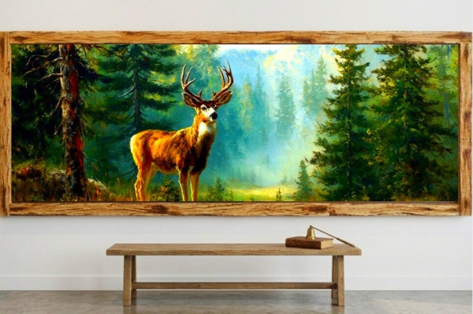 🦌Tableau panoramique cerf majestueux en forêt avec cadre en bois