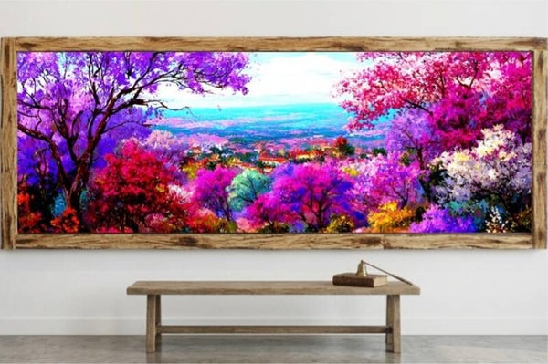 🌺Tableau panoramique paysage fleuri multicolore avec cadre en bois