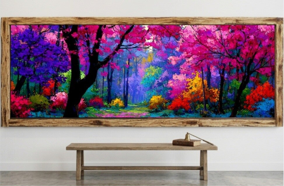 🌺Tableau panoramique forêt florale multicolore avec cadre en bois
