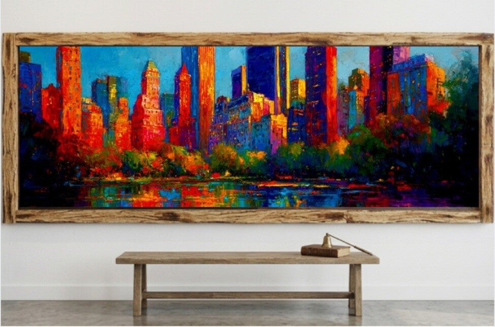 🌆Tableau panoramique skyline urbaine colorée avec cadre en bois