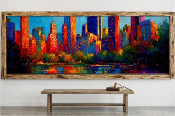 🌆Tableau panoramique skyline urbaine colorée avec cadre en bois