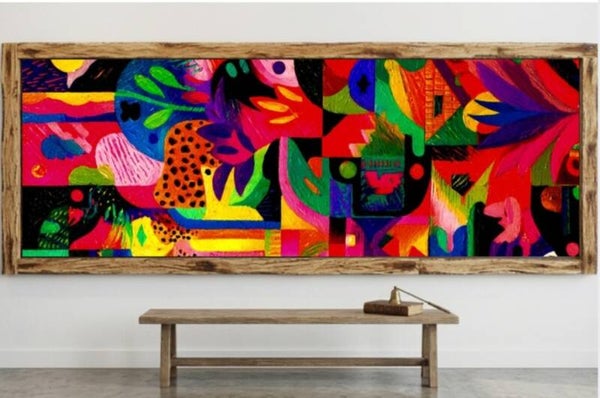 🖼Tableau panoramique abstrait multicolore avec cadre en bois