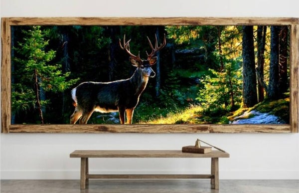 🦌Tableau panoramique cerf en forêt avec cadre en bois
