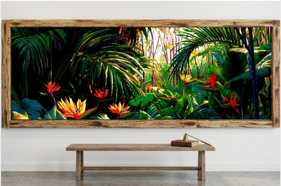 🌺Tableau panoramique feuillage tropical & fleurs exotiques avec cadre en bois