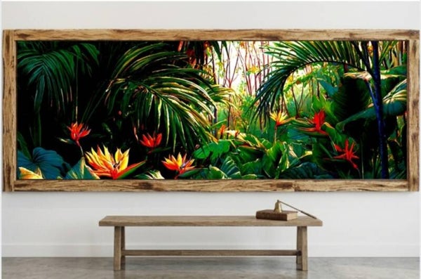 🌺Tableau panoramique feuillage tropical & fleurs exotiques avec cadre en bois