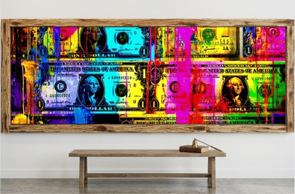💸Tableau pop art billets colorés avec cadre en bois