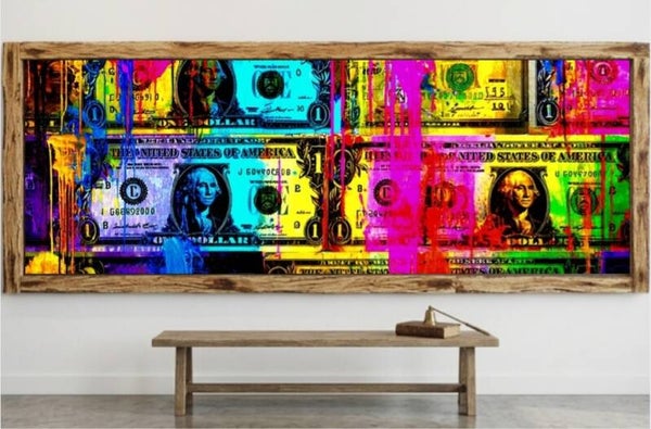 💸Tableau pop art billets colorés avec cadre en bois